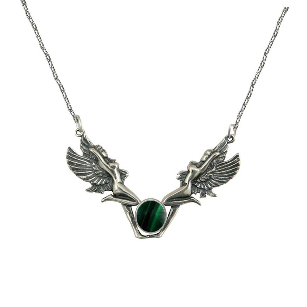 Sterling Silver Double Fairies Necklace With Malachite